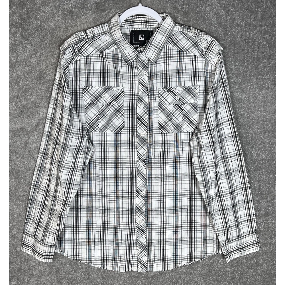 Ocean Current Button Up Shirt Mens Size XL White Black Plaid Pockets Epaulette